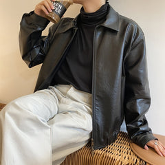 Voguable  Men's Clothing Autumn New Oversize Coat Korean Trend Loose Casual PU Leather Jacket Coat Male Zipper Lapel Clothes 9Y4382 voguable