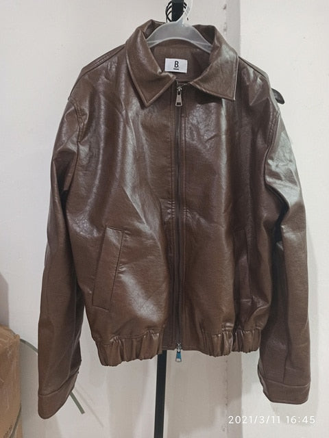 Voguable  Men's Clothing Autumn New Oversize Coat Korean Trend Loose Casual PU Leather Jacket Coat Male Zipper Lapel Clothes 9Y4382 voguable