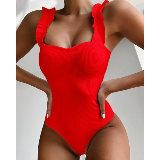 Voguable 2021 New Sexy Female Swimsuit Vintage One Piece Ruffled Push Up Solid Red Swimwear Women Monokini Padded Bathing Suits voguable