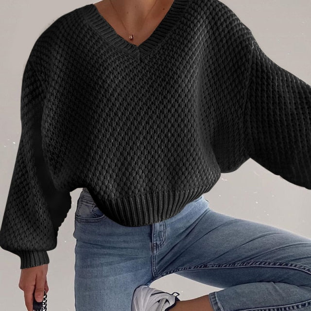 Voguable 2022 Pullovers Women Autumn Winter Sweaters Solid V-Neck Loose Casual Daily Basic Womens Knitted Basic Chic Long Sleeve Sweater voguable