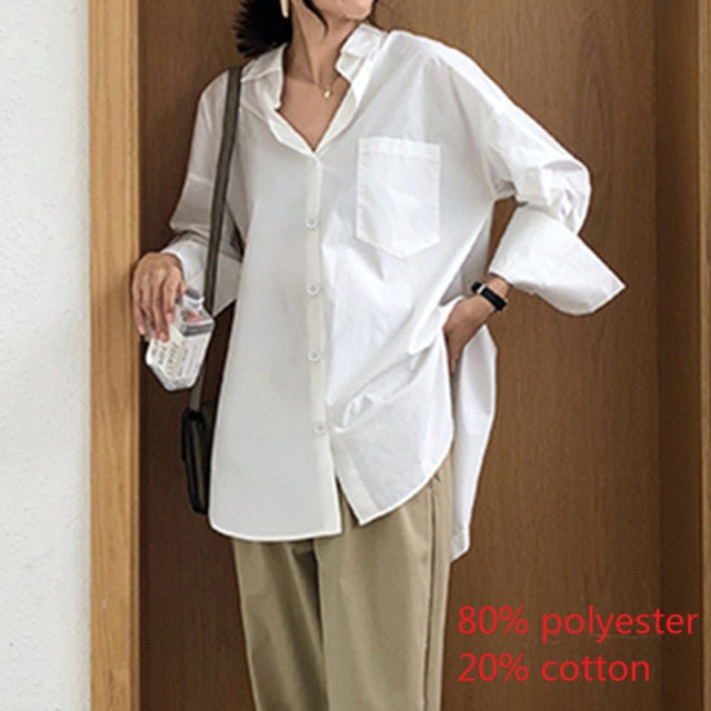 voguable Fashion Women White Shirt 2022 Autumn Blouses Lapel Casual Solid Long Sleeve Buttons Asymmetric Tunic Top Blusas Oversize voguable