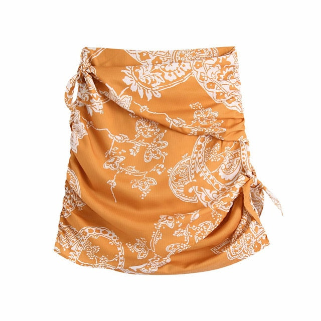 KPYTOMOA Women 2021 Fashion With Knot Printed Pleat Mini Skirt Vintage High Waist Back Zipper Female Skirts Mujer voguable