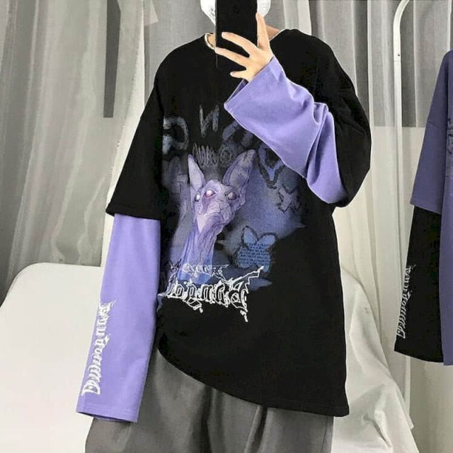 Voguable T-shirt Cross of Thorns fake two-piece for men women long-sleeved dark hip-hop loose large size autumn new trend top Simplicity voguable