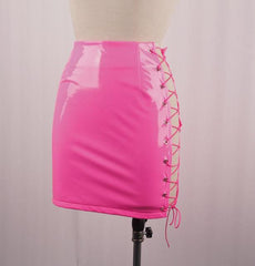 OMSJ 2021 Sexy Club Female Mini Pencil Skirt Women High Waist Lace Up Neon Green Orange Solid Bodycon Hollow Out Bandage Skirts voguable
