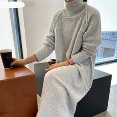 Voguable Turtleneck Full Sleeve Oversized Knit Dress Female 2021 Winter Vestidos Casual Thick Twisted Women Long Sweater Dress voguable