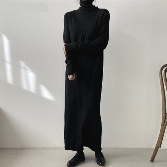 Voguable Turtleneck Full Sleeve Oversized Knit Dress Female 2021 Winter Vestidos Casual Thick Twisted Women Long Sweater Dress voguable