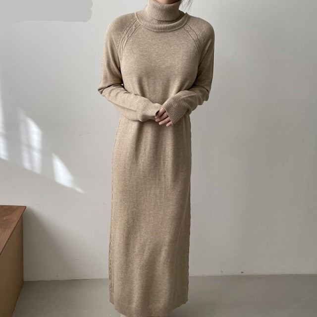 Voguable Turtleneck Full Sleeve Oversized Knit Dress Female 2021 Winter Vestidos Casual Thick Twisted Women Long Sweater Dress voguable