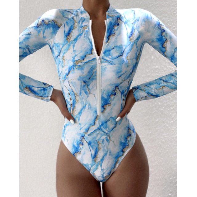 White Solid Color One-Piece Swimsuit Long Sleeve Swimwear Sports Women's Swimming Bathing Suit Beach Bather Surfing Swim Wear voguable