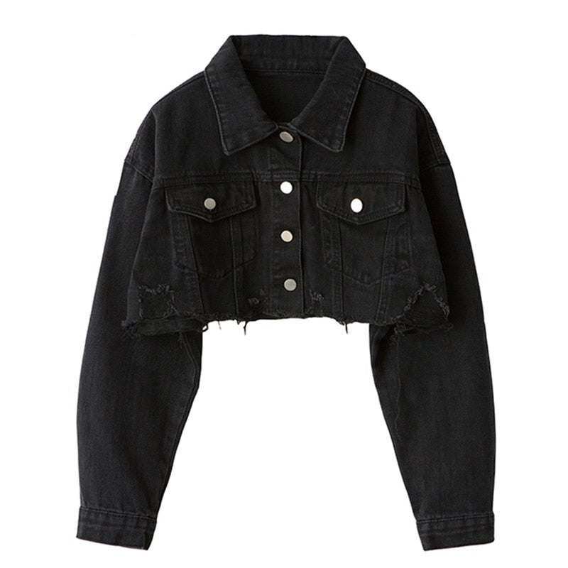 Ordifree 2021 Autumn Women Denim Jacket Fashion Streetwear Casual Loose Outwear Black Short Ripped Jeans Jacket Coat Cotton voguable