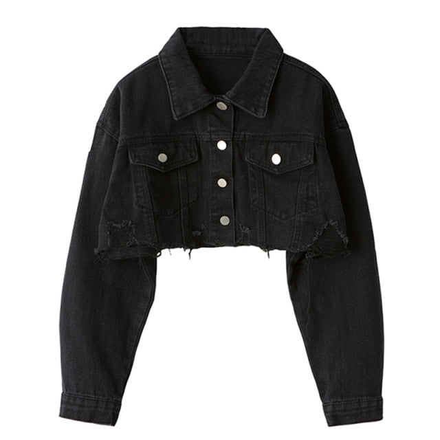 Ordifree 2021 Autumn Women Denim Jacket Fashion Streetwear Casual Loose Outwear Black Short Ripped Jeans Jacket Coat Cotton voguable