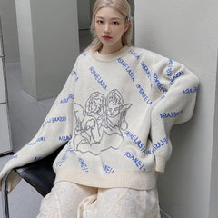 Oversized Streetwear Angel Pattern Women'S Sweater Retro Lazy Pullover Trendy Brand Round Neck Fashion Sweater Women 2021 Winter voguable