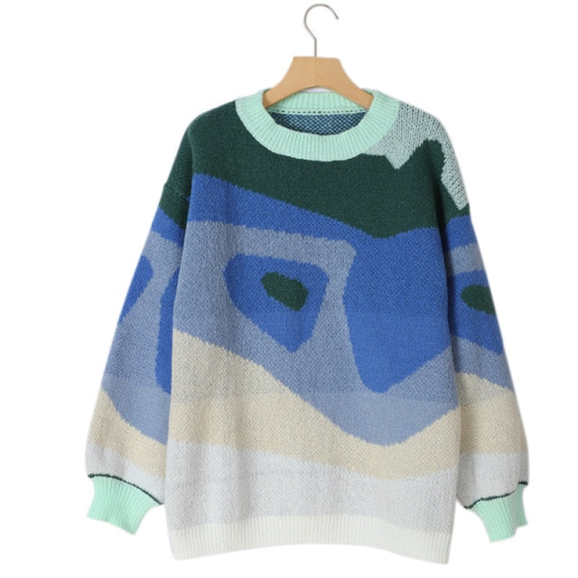Preppy Style Knit Women Pullover Sweater Spring Autumn New Design Blue White Printed Soft Loose Tops Lady Long Sleeve Sweaters voguable