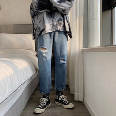 Voguable 2021 Men's Fashion Trend Haren Pants Holes Baggy Homme Wash Jeans Black Color Casual Pants Loose Leisure Blue Trousers S-XL voguable
