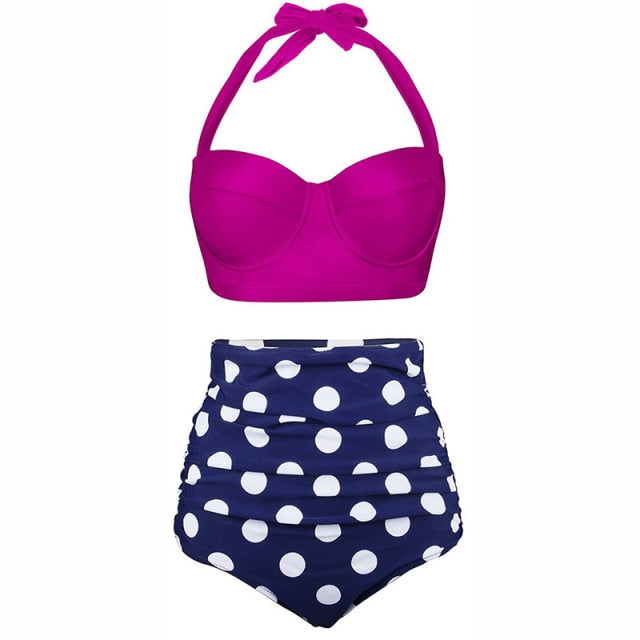 Voguable Women Swimsuits Vintage Bandeau Push Up Polka Dot Plus Size Bathing Suits High Waisted Bikini voguable