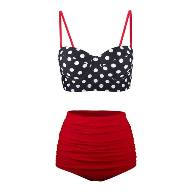 Voguable Women Swimsuits Vintage Bandeau Push Up Polka Dot Plus Size Bathing Suits High Waisted Bikini voguable