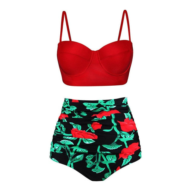 Voguable Women Swimsuits Vintage Bandeau Push Up Polka Dot Plus Size Bathing Suits High Waisted Bikini voguable