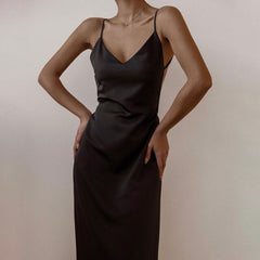 Cutenew Summer Fashion Elegant Solid Color Silk Women Long Dresses Sexy Backless V-Neck Party Vacation Club Night A-Line Dresses voguable