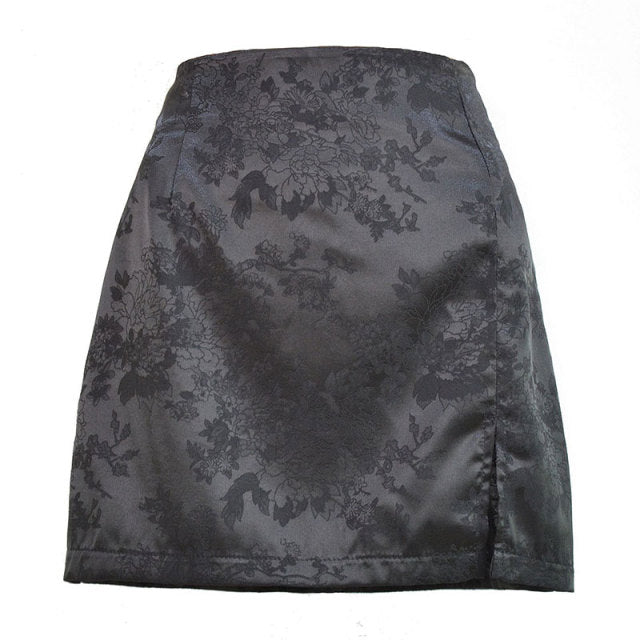 Women Summer Elegant Jacquard Satin Skirt Sexy High Waist Mini Skirt Vintage Zipper Pencil skirt with side Slit Y2K 2000s 90s voguable