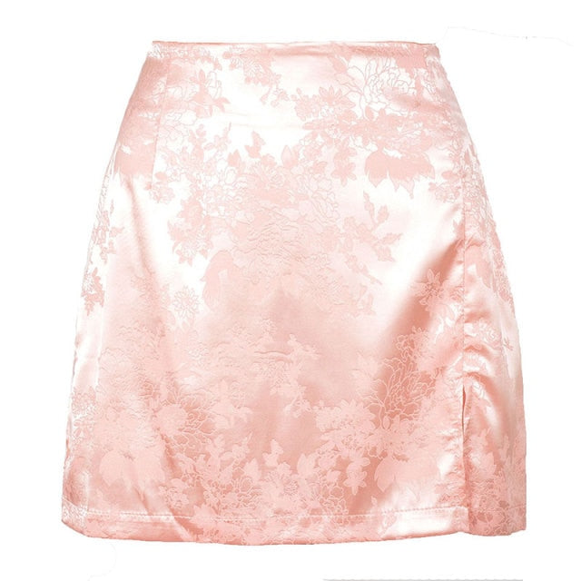 Women Summer Elegant Jacquard Satin Skirt Sexy High Waist Mini Skirt Vintage Zipper Pencil skirt with side Slit Y2K 2000s 90s voguable