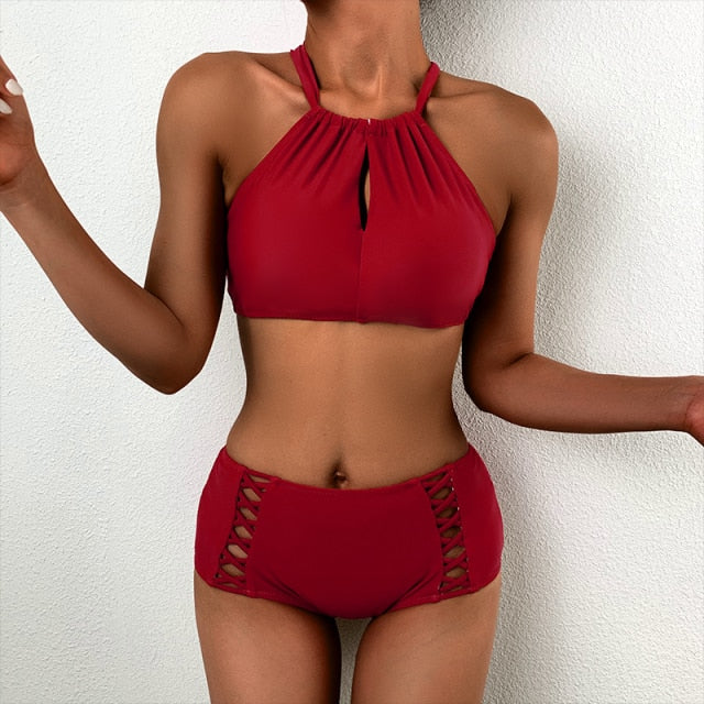 Lemonsissi 2021 Pink Printed High Waist Two Pieces Bikini Set Tankini Swimsuit  Women Beachwear Swimwear Bather Bathing Suit voguable