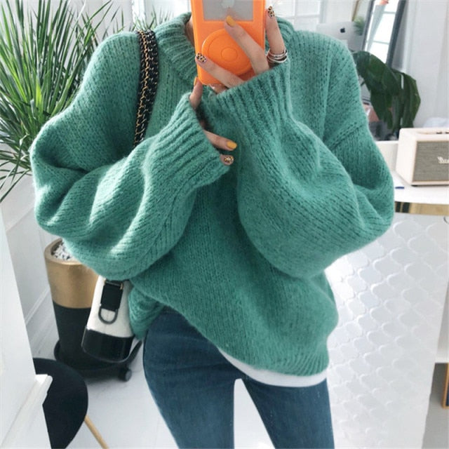 Aachoae Sweater Women 2021 Autumn Winter Solid O Neck Pullover Sweaters Korean Style Knitted Long Sleeve Jumpers Casual Tops voguable