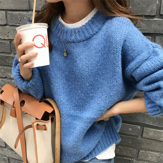 Aachoae Sweater Women 2021 Autumn Winter Solid O Neck Pullover Sweaters Korean Style Knitted Long Sleeve Jumpers Casual Tops voguable