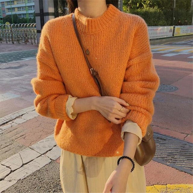 Aachoae Sweater Women 2021 Autumn Winter Solid O Neck Pullover Sweaters Korean Style Knitted Long Sleeve Jumpers Casual Tops voguable