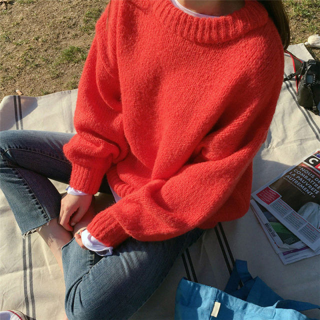 Aachoae Sweater Women 2021 Autumn Winter Solid O Neck Pullover Sweaters Korean Style Knitted Long Sleeve Jumpers Casual Tops voguable