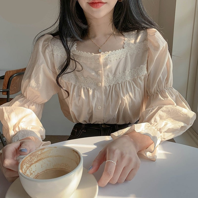 Beige Lace Blouse Vintage Square Collar Women Long Puff Sleeve Shirt Solid Cardigan Sweet Shirt Blusas Clothes Women Tops  11200 voguable