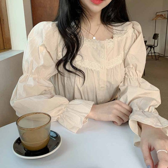 Beige Lace Blouse Vintage Square Collar Women Long Puff Sleeve Shirt Solid Cardigan Sweet Shirt Blusas Clothes Women Tops  11200 voguable