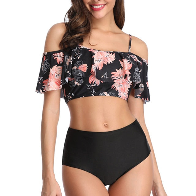 2020 Women Ruched High Waist Bikini 2019 Plus Size Swimwear Summer Swimsuit Flamingos Beach Bathing Suit Ruffle Bikini Mujer voguable