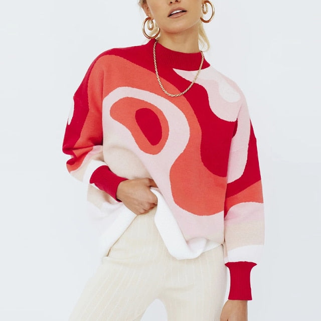 Preppy Style Knit Women Pullover Sweater Spring Autumn New Design Blue White Printed Soft Loose Tops Lady Long Sleeve Sweaters voguable