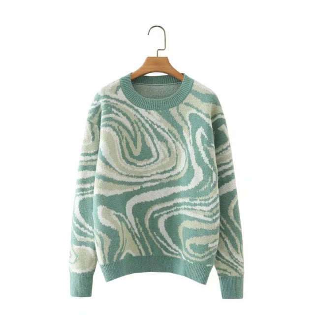 Preppy Style Knit Women Pullover Sweater Spring Autumn New Design Blue White Printed Soft Loose Tops Lady Long Sleeve Sweaters voguable