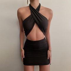 Sexy Halter Ruched Bodycon Dress for Women 2021 Summer Backless Cut Out Drawstring Women's Mini Dresses Black White Green Khaki voguable