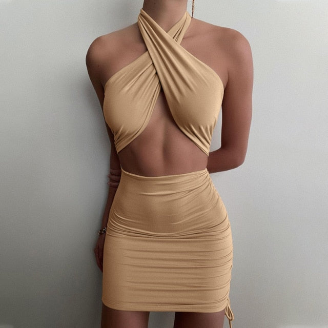 Sexy Halter Ruched Bodycon Dress for Women 2021 Summer Backless Cut Out Drawstring Women's Mini Dresses Black White Green Khaki voguable