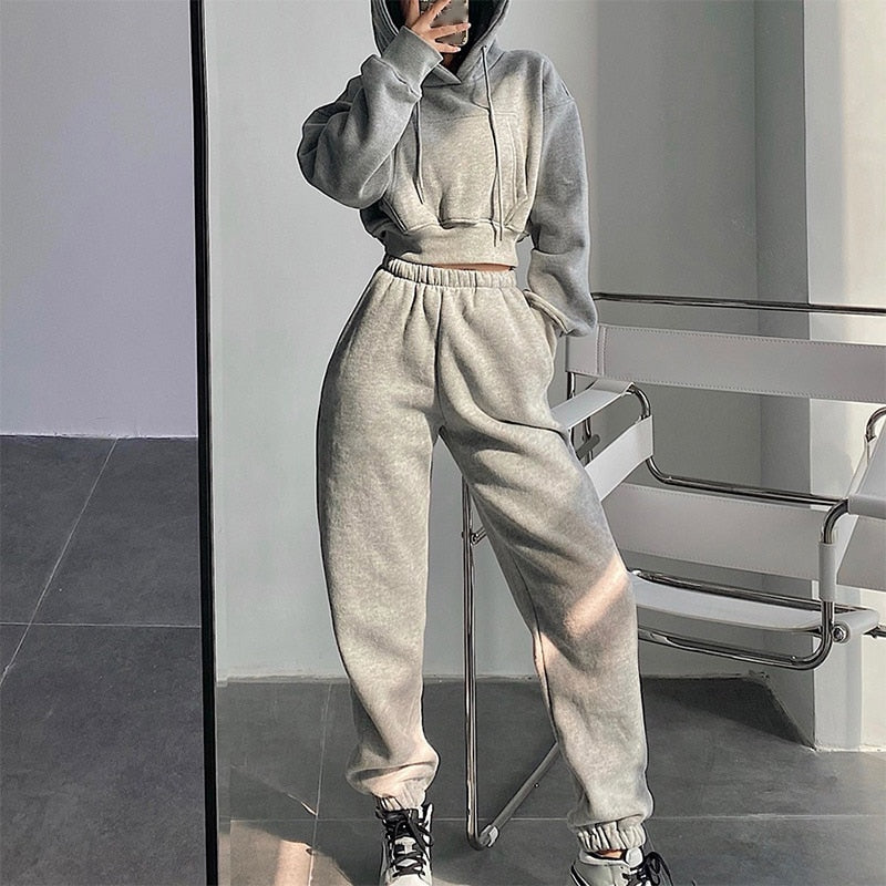 Voguable Women's Tracksuit Crop Top Hoodies Two Pieces Set High Waist Pullover Hooded Joggers Suit Female 2021 Autumn Lady Sportwear Sets voguable