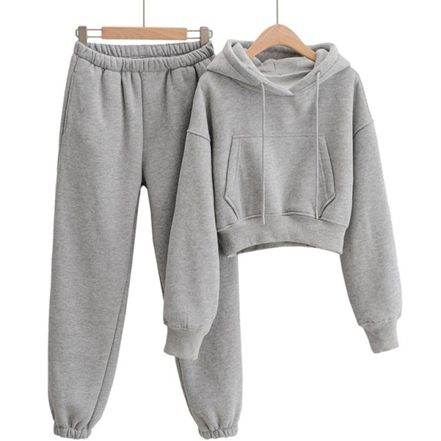 Voguable Women's Tracksuit Crop Top Hoodies Two Pieces Set High Waist Pullover Hooded Joggers Suit Female 2021 Autumn Lady Sportwear Sets voguable