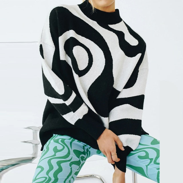 Preppy Style Knit Women Pullover Sweater Spring Autumn New Design Blue White Printed Soft Loose Tops Lady Long Sleeve Sweaters voguable