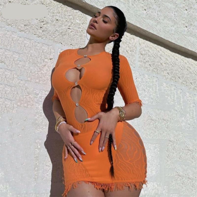 FQLWL Night Club Purple White Tassel Lace Dresses Bandage Pink Summer Bodycon Mesh Dress Women 2021 Party Orange Sexy Mini Dress voguable