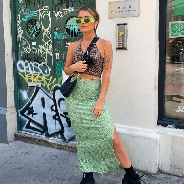 Summer Print Skirt Women A-Line Trendy Y2K Skirts Harajuku Knee-Length Casual High Waist Party Streetwear Bodycon E-girl Skirt voguable
