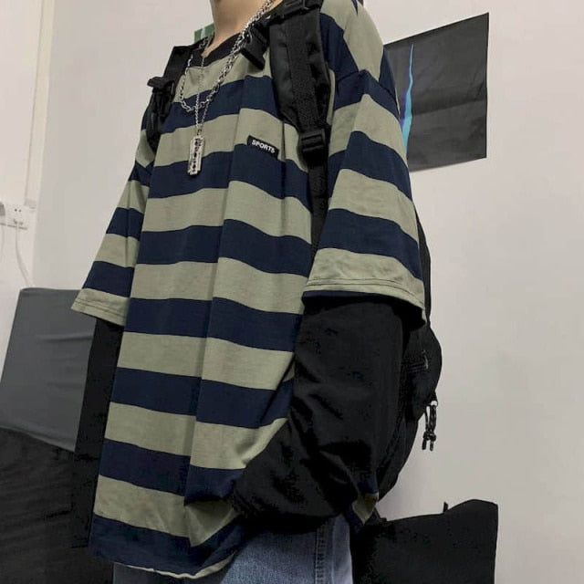 Voguable Autumn Korean Oversized Tshirt Women T Shirt Men Loose Harajuku BF Retro Striped Fake Two-piece Long-sleeved T-shirt Student Top voguable