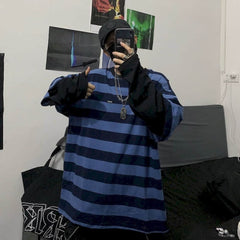 Voguable Autumn Korean Oversized Tshirt Women T Shirt Men Loose Harajuku BF Retro Striped Fake Two-piece Long-sleeved T-shirt Student Top voguable