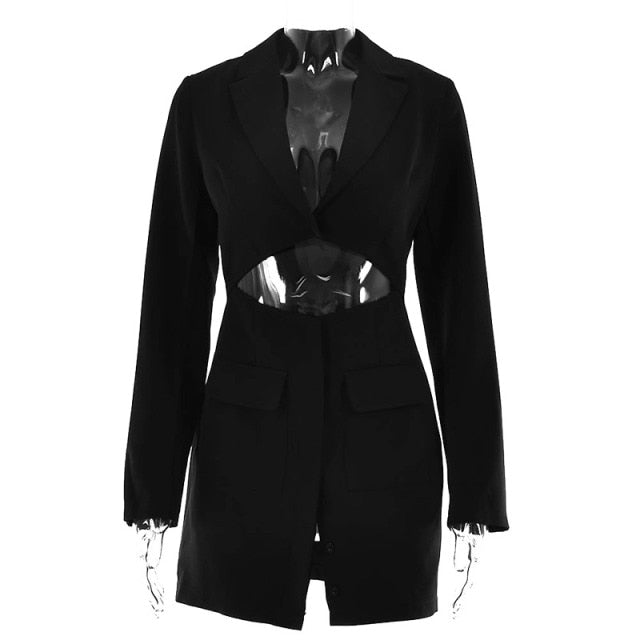GACVGA 2021 Autumn Fashion Long Sleeve Blazer Dress Women Sexy Notched Collar Hollow Out Buttons Jacket Office Lady Slim Outfits voguable
