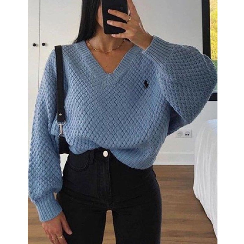 2021 New Pullovers Fashion Women Autumn Sweaters Solid V-Neck Loose Casual Daily Basic Womens Knitted Sweaters Women Clothing voguable