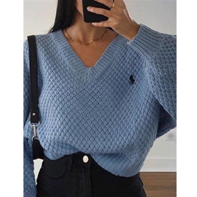 2021 New Pullovers Fashion Women Autumn Sweaters Solid V-Neck Loose Casual Daily Basic Womens Knitted Sweaters Women Clothing voguable