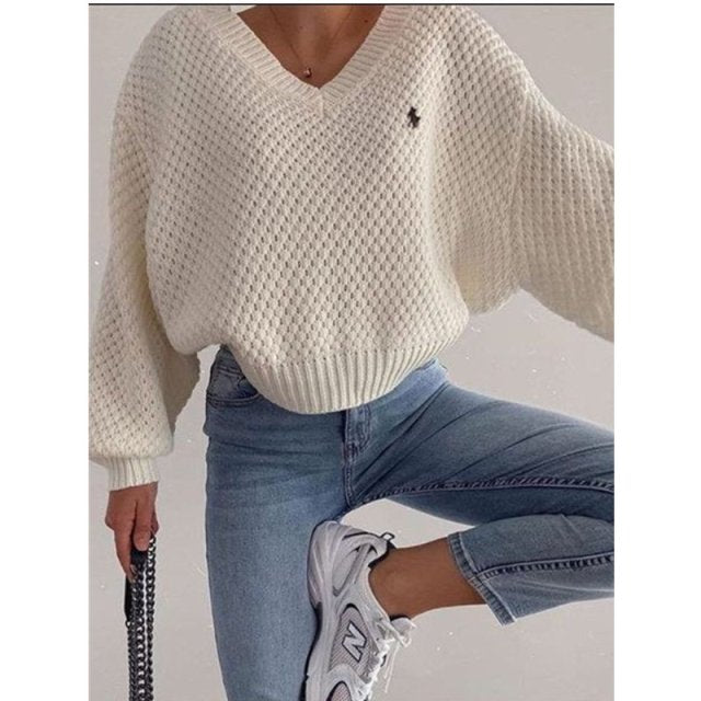 2021 New Pullovers Fashion Women Autumn Sweaters Solid V-Neck Loose Casual Daily Basic Womens Knitted Sweaters Women Clothing voguable