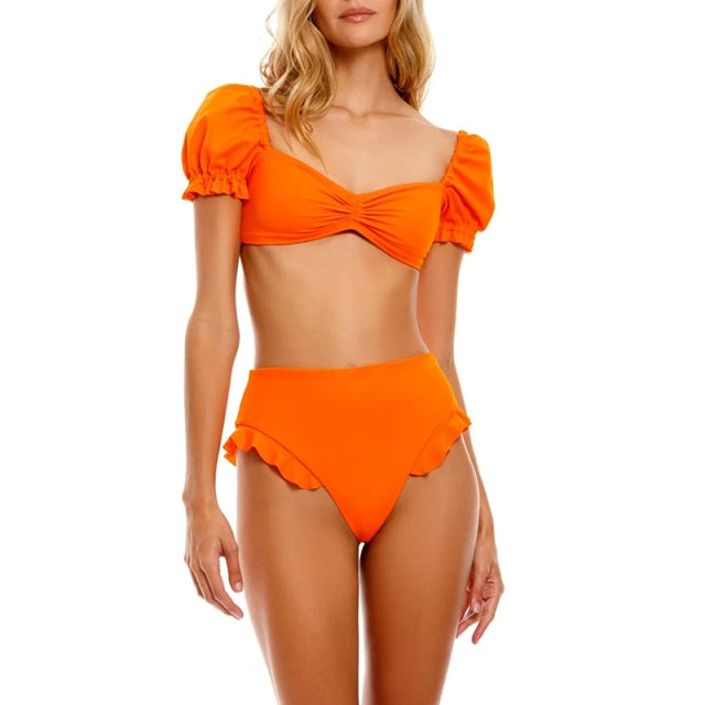Voguable Sexy Bikini 2021 Solid Color Swimwear Women Bandeau Swimsuit Short Sleeve Summer High Waist Cut Backless Bathing Suit Beachwear voguable