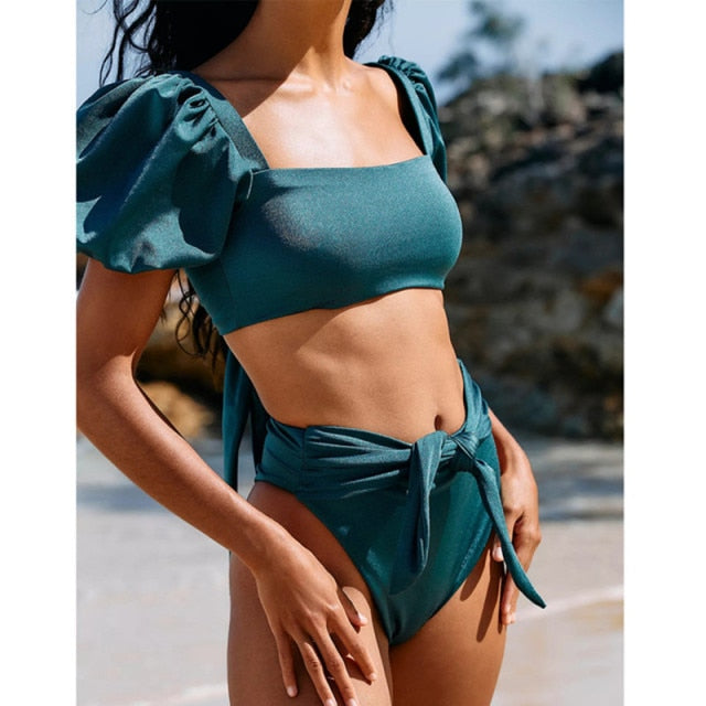 Voguable Sexy Bikini 2021 Solid Color Swimwear Women Bandeau Swimsuit Short Sleeve Summer High Waist Cut Backless Bathing Suit Beachwear voguable