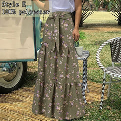 Voguable Long Skirts Women 2022 Autumn Celmia Vintage High-Waist Female Skirts Casual Plaid Check Loose Printed Belted Pleated Maxi Skirt voguable
