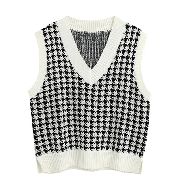 KPYTOMOA Women 2021 Fashion Oversized Houndstooth Knitted Vest Sweater Vintage Sleeveless Side Vents Female Waistcoat Chic Tops voguable